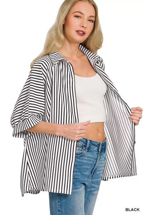 Zenana Oversized Stripe Button Down Shirt