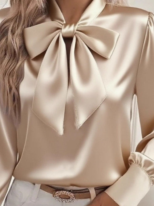 Satin Bow Tie Long Sleeve Top