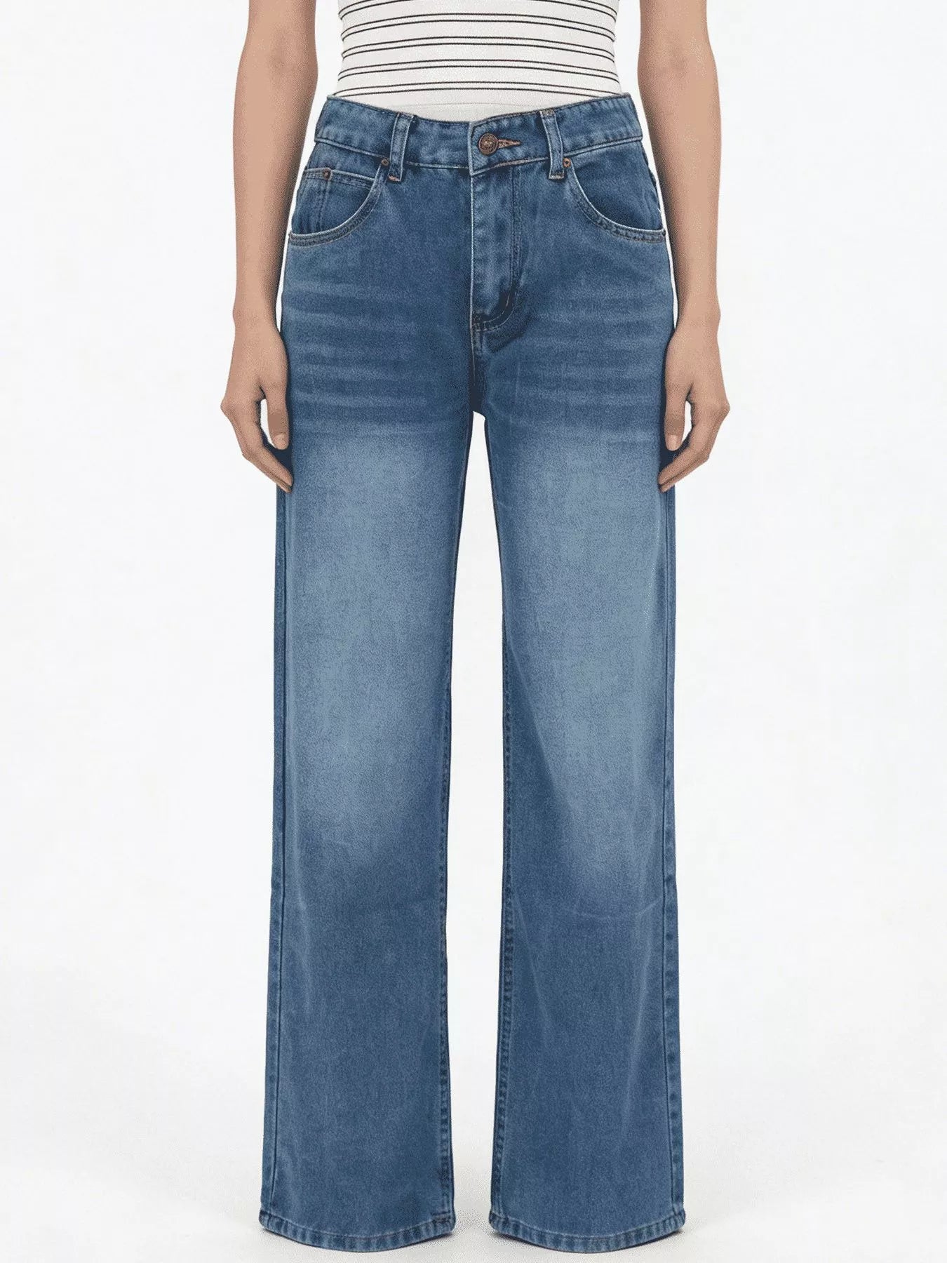 Vintage Wash Wide Leg Jeans with a classic pocketed design and versatile wide leg style.