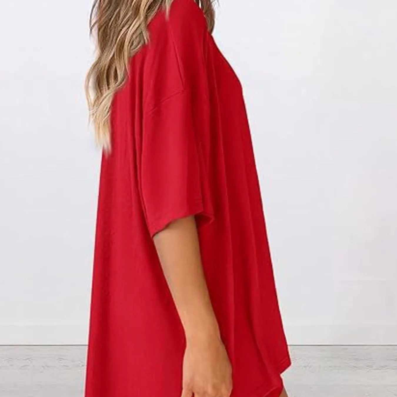 Full Size Oversized Slit Round Neck Top and Shorts Lounge Set Plus Size in red, showcasing the oversized style and relaxed fit.