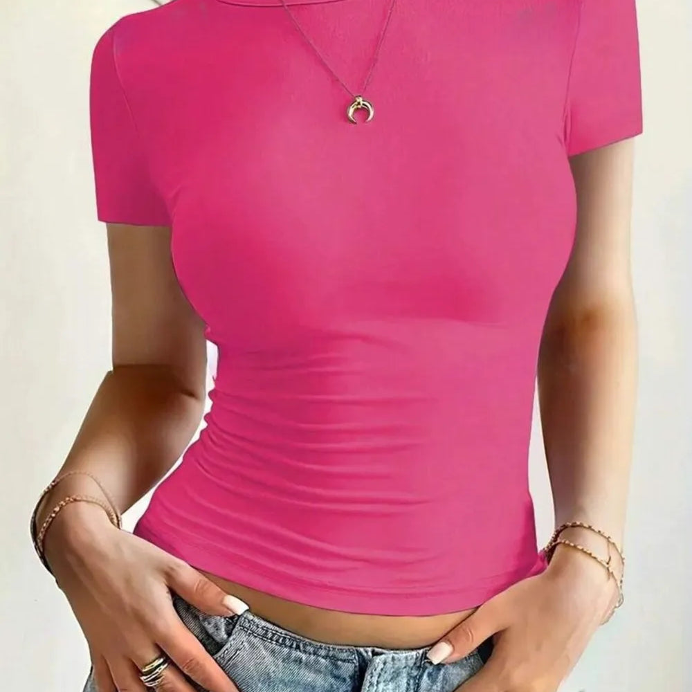 Round Neck Short Sleeve T-Shirt in vibrant pink color, showcasing a fitted style and moderate stretch.