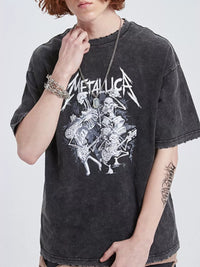 Men's Graphic METALLICA Round Neck Wash T-Shirt, featuring unique graphic design on a vintage-style fabric.