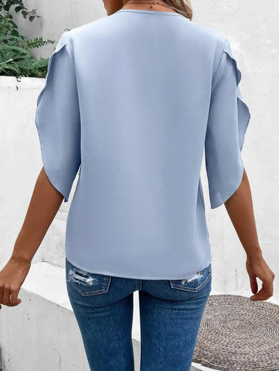 Lace Detail V-Neck Half Sleeve Blouse featuring a light blue design with elegant sleeves, perfect for casual outings.