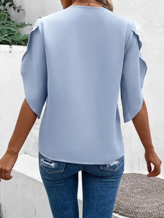 Lace Detail V-Neck Half Sleeve Blouse featuring a light blue design with elegant sleeves, perfect for casual outings.