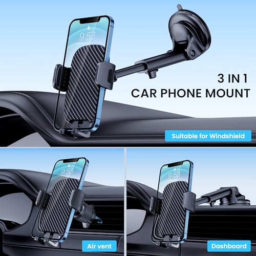 Qifutan Car Phone Holder Mount Phone Mount for Car Windshield Dashboard Air Vent Universal Hands Free Automobile Cell Phone Holder Fit for iPhone Smartphone Carbon Fiber