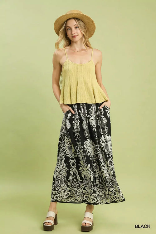 Umgee Border Print Wide Leg Pants
