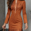 Fringe Trim Zip Front Suede Dress