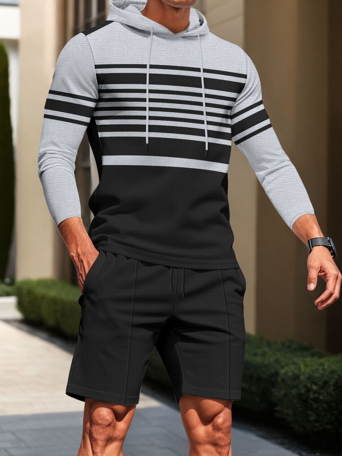Men's striped hoodie and drawstring shorts set
