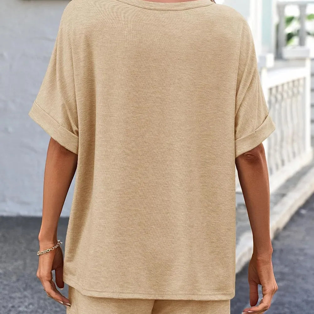 Back view of woman wearing a Round Neck T-Shirt and Drawstring Shorts Set in beige color.