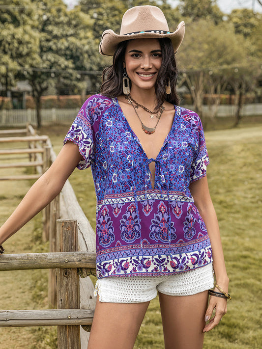 Printed Tie Neck Short Sleeve Blouse