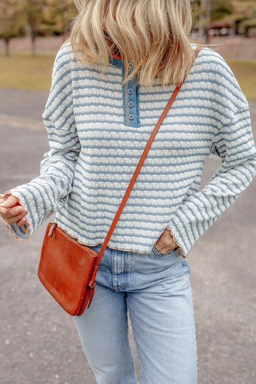 Striped Textured Knit Button Detail Top
