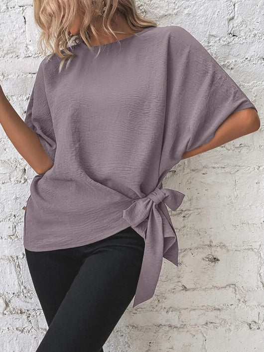 Knotted Round Neck Half Sleeve Blouse in mauve with side tie detail, perfect for casual wear.