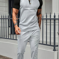 Men's Full Size Waffle-Knit Contrast Top and Drawstring Pants Set Plus Size