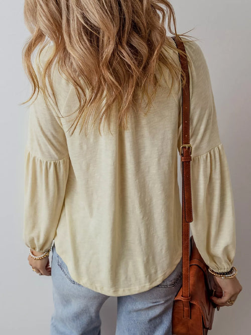 Embroidered Notched Balloon Sleeve Blouse