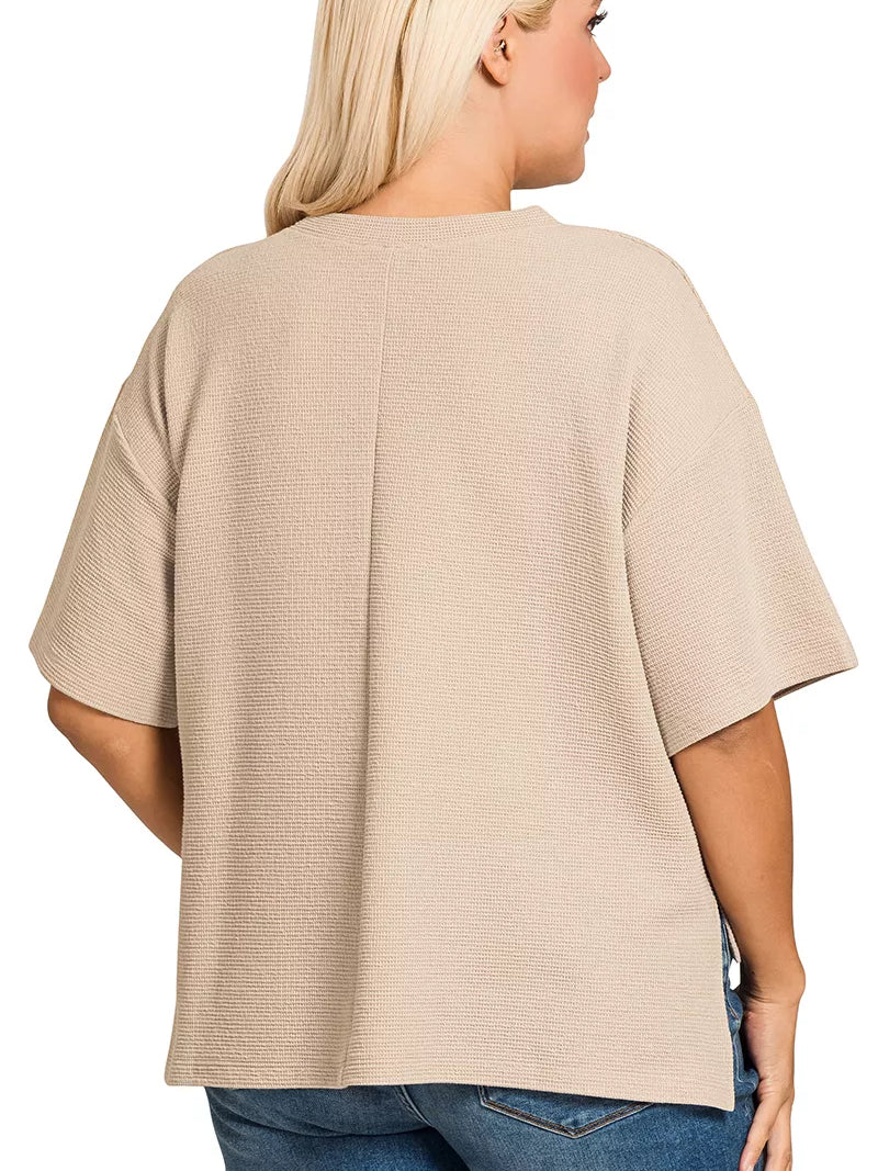Zenana Full Size Double Knit Side Slits Hi Low Short Sleeve Top Plus Size back view in beige.