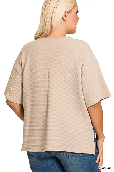 Zenana Full Size Double Knit Side Slits Hi Low Short Sleeve Top Plus Size back view in beige.