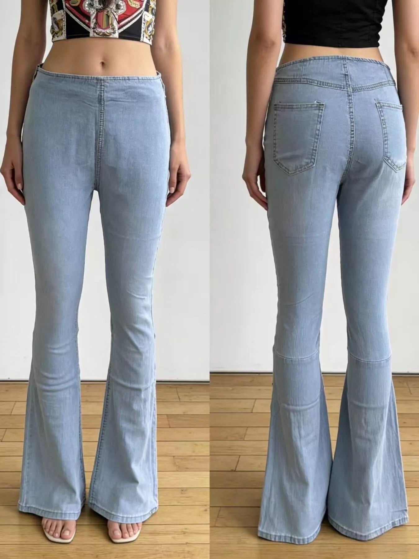 High-Waisted Flare Jeans showcased from front and back, featuring a slight stretch and stylish flare design.
