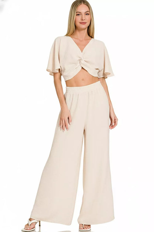Zenana Woven Airflow Twisted Top & Wide Leg Pants Set