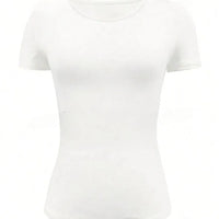 Round Neck Short Sleeve T-Shirt in white color, featuring a basic style and moderate stretch.