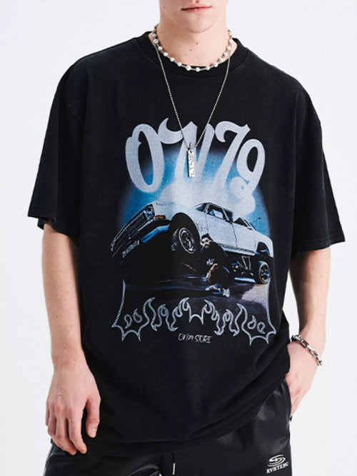 Men's Car Graphic Round Neck Oversized T-Shirt