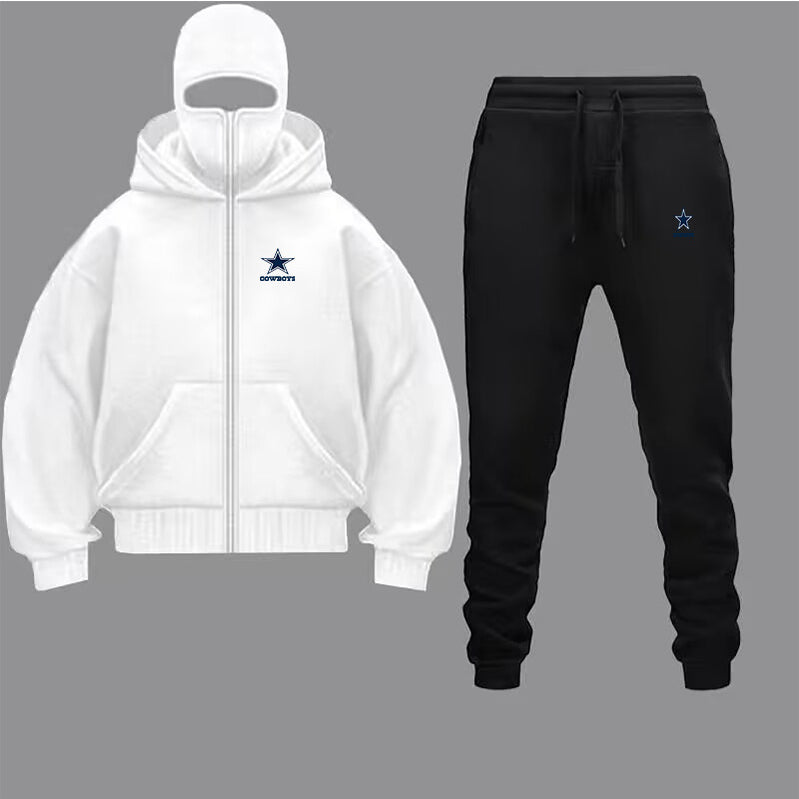 Unique Design Double Hooded Zip-Up Sweatshirt Set for Men and Women featuring a white hoodie and black pants.