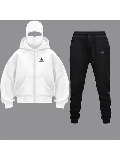 Unique Design Double Hooded Zip-Up Sweatshirt Set for Men and Women featuring a white hoodie and black pants.