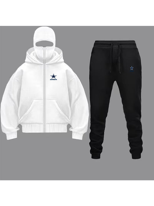 Unique Design Double Hooded Zip-Up Sweatshirt Set for Men and Women featuring a white hoodie and black pants.