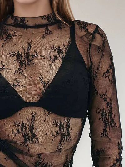 Floral Mock Neck Long Sleeve Mesh Top, featuring lace sheer fabric with moderate stretch, styled with a black undergarment.