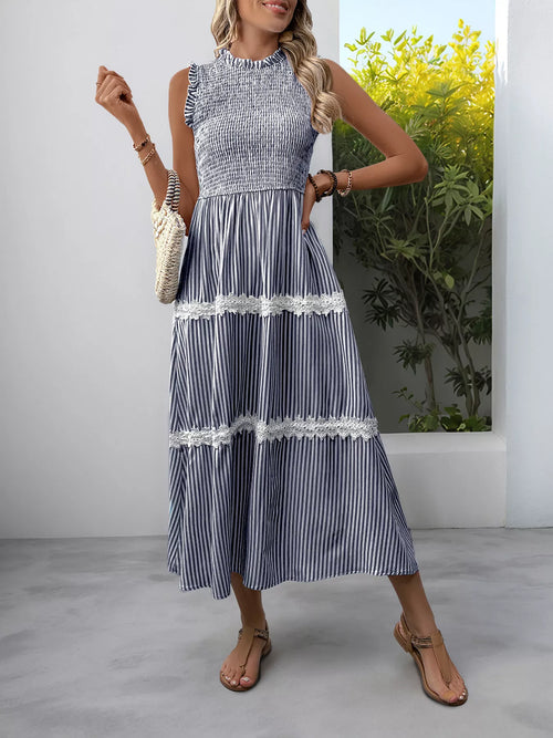 Smocked Striped Lace Trim Sleeveless Midi Dress
