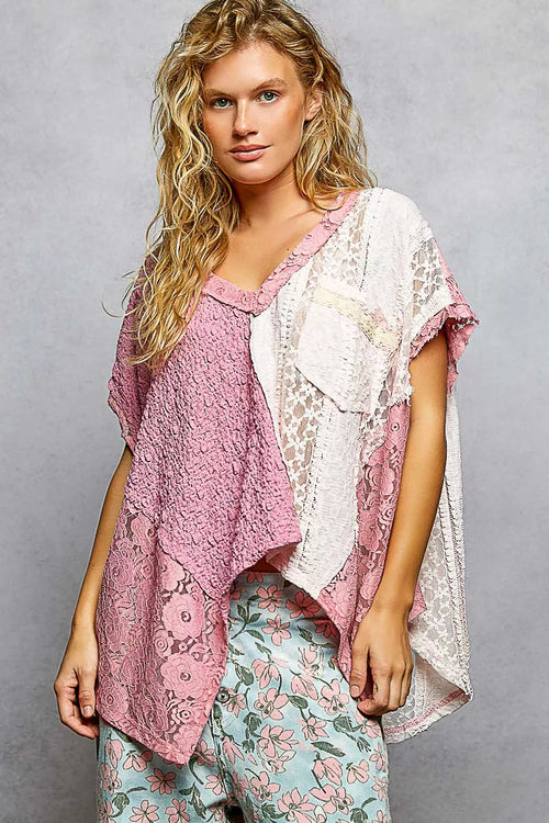 POL Asymmetrical V-Neck Short Sleeve Lace Top