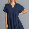 Umgee Full Size Raw Hem Folded Sleeve Tiered Dress Plus Size