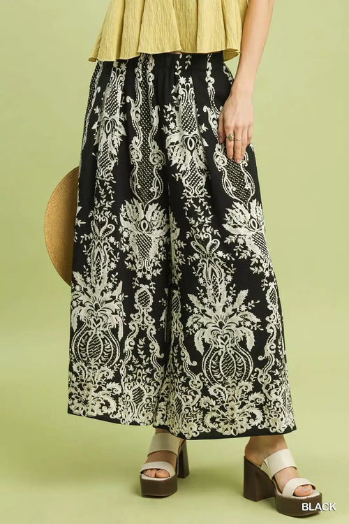 Umgee Border Print Wide Leg Pants