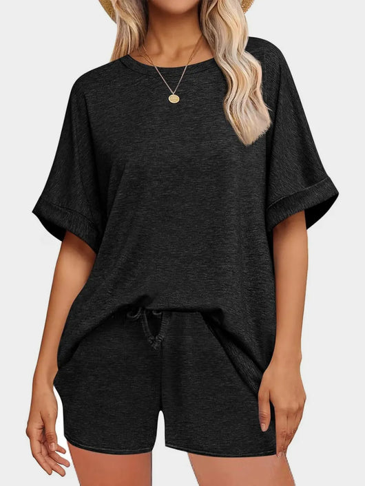 Round Neck T-Shirt and Drawstring Shorts Set in black with loose fit and casual style.
