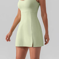 Square Neck Sleeveless Slit Mini Active Dress in light green with side slit and modern square neckline.
