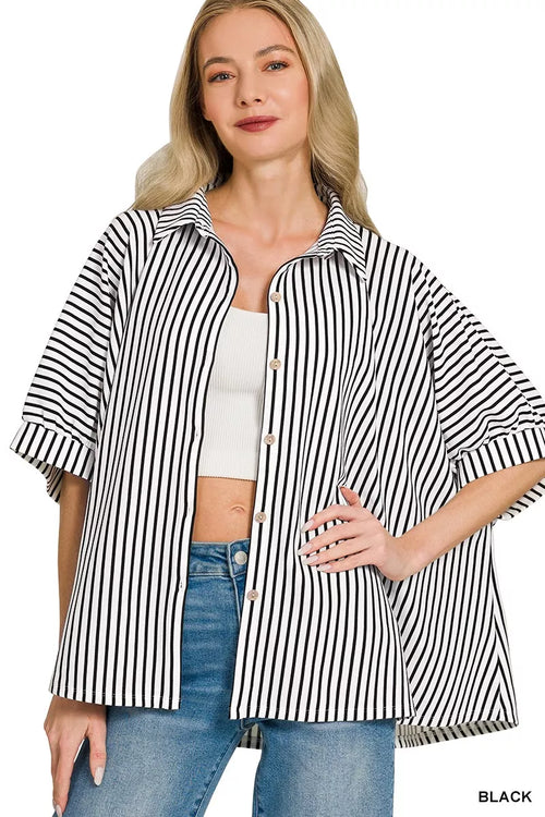 Zenana Oversized Stripe Button Down Shirt