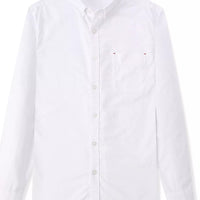 Men's Full Size Button Up Long Sleeve Shirt Plus Size in white color with pocket and button details.