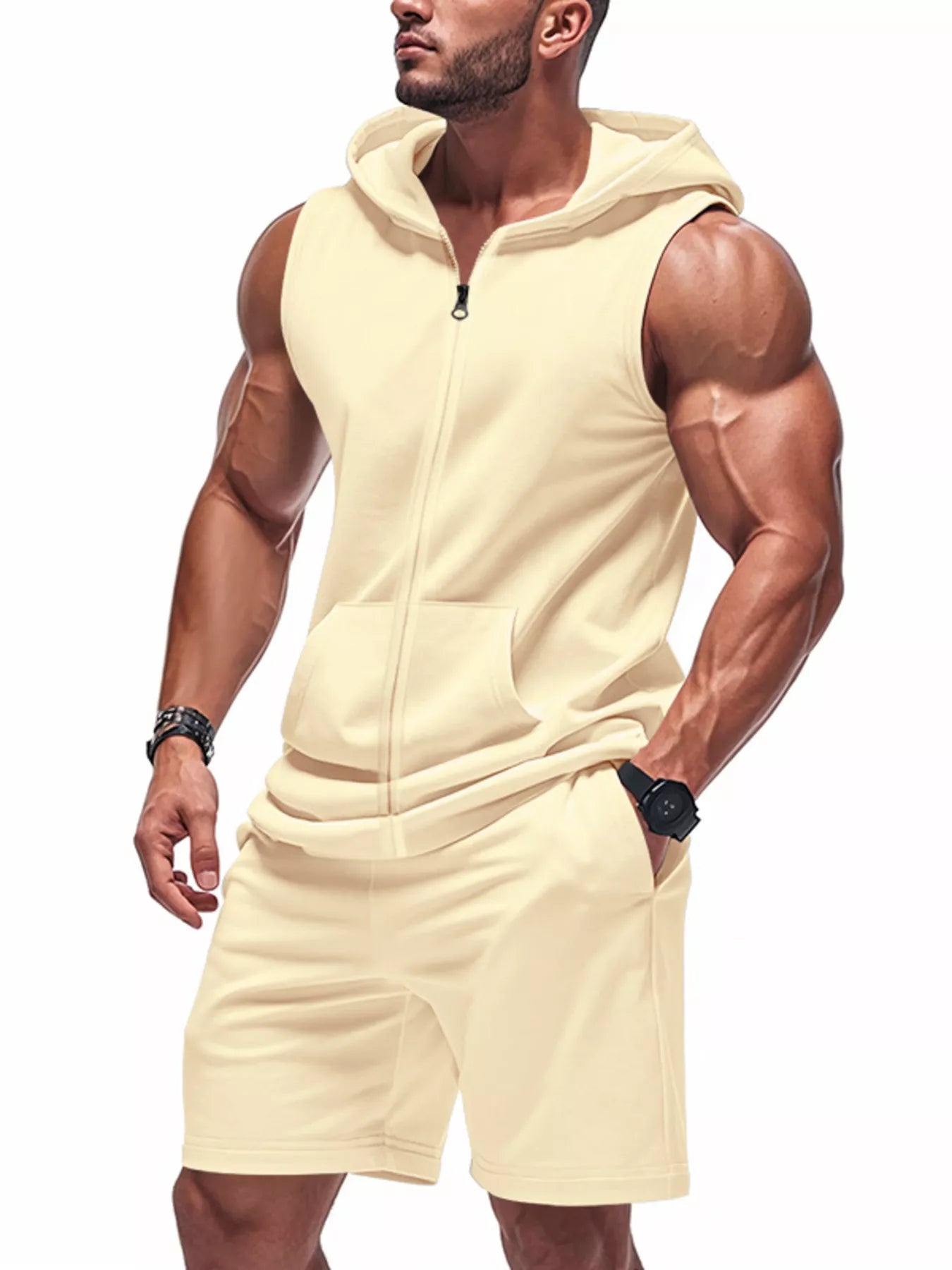 Men's sleeveless zip-up hoodie and shorts set