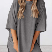 Full Size Oversized Slit Round Neck Top and Shorts Lounge Set Plus Size in gray, featuring a relaxed fit and slight stretch.