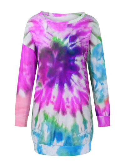 Full Size Tie-Dye Round Neck Long Sleeve Dress featuring vibrant colors and long sleeves, perfect for casual wear.