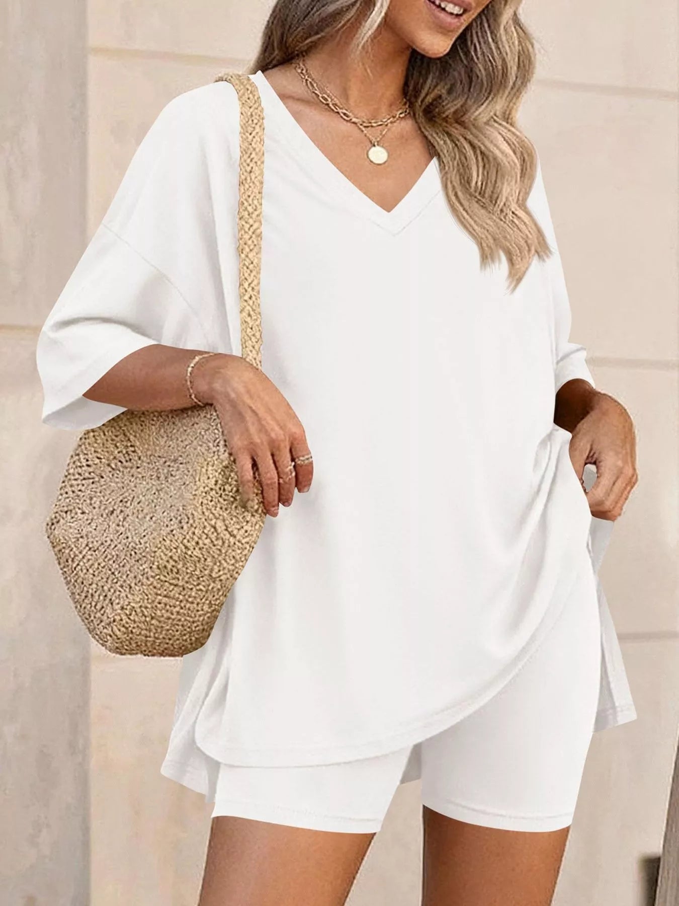 The Willa V-Neck Short Set – V-neck tee front view