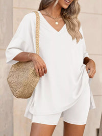 The Willa V-Neck Short Set – V-neck tee front view