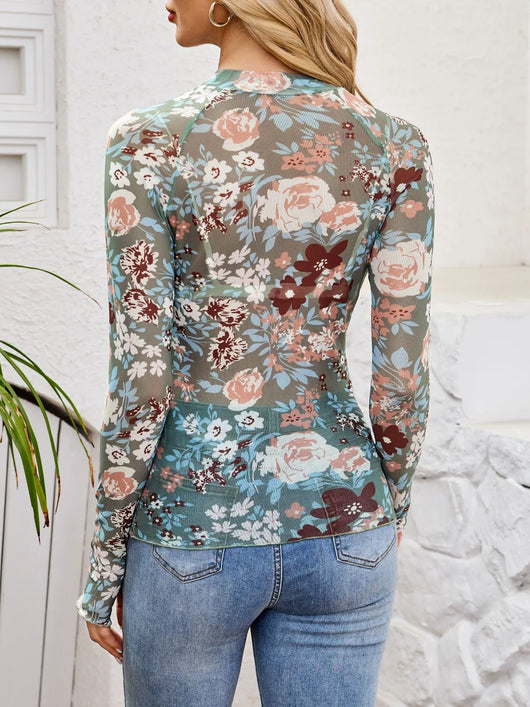 Floral Mock Neck Long Sleeve Top in a floral print, showcasing back view with long sleeves, perfect for stylish layering.