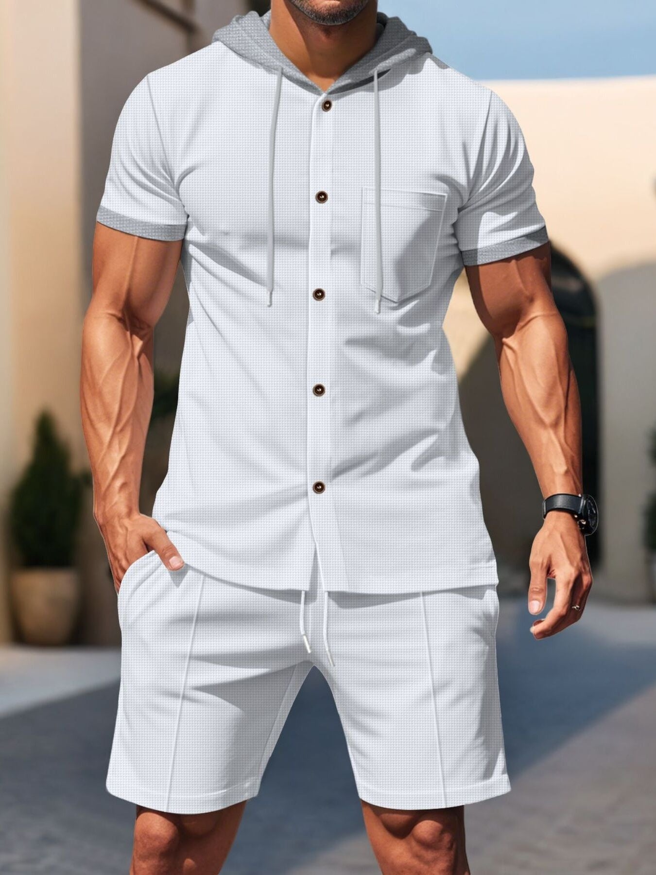 Men's hooded top and matching shorts set