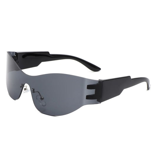 Rimless Shield Futuristic Sunglasses with sleek wraparound lens and bold side detailing for a sporty look.