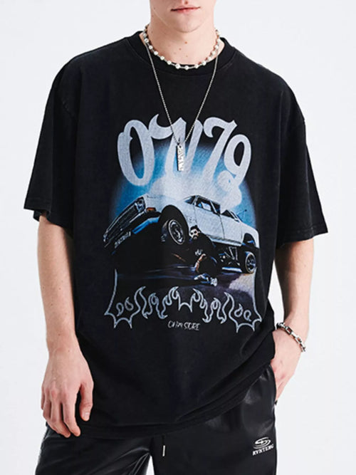 Men's Car Graphic Round Neck Oversized T-Shirt