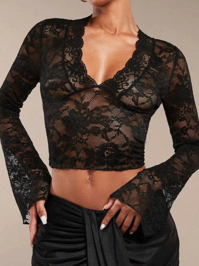V-Neck Flare Sleeve Lace Top in black lace sheer material, featuring a fitted design and flared sleeves.