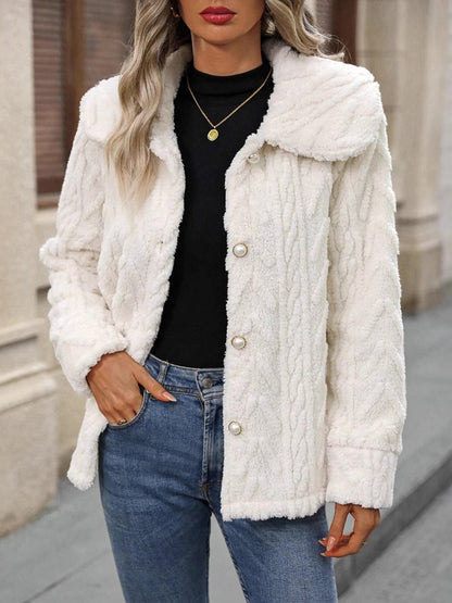 Fuzzy Texture Button Up Collared Neck Coat