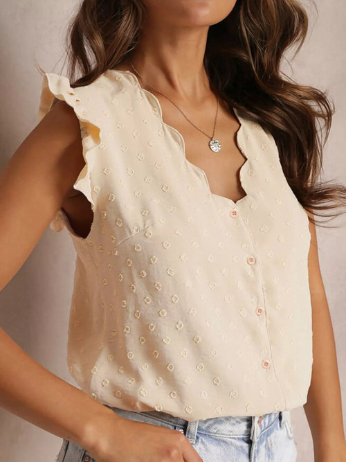 Swiss Dot Ruffled Button-Down Shirt