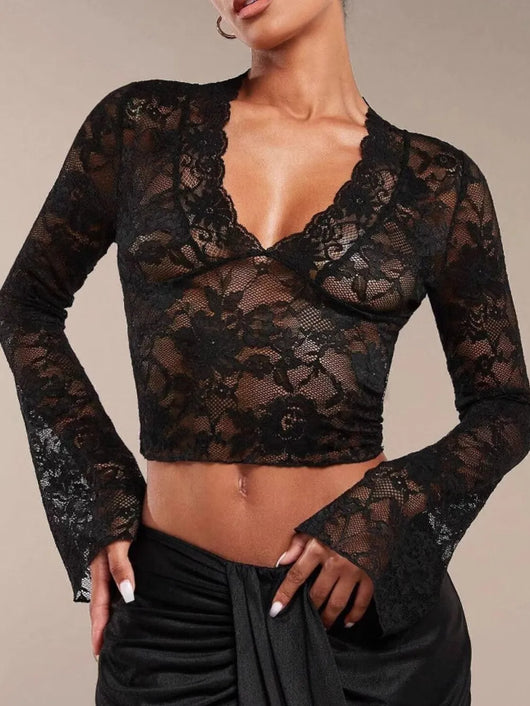 V-Neck Flare Sleeve Lace Top featuring sheer lace, flared sleeves, and a stylish cropped design.