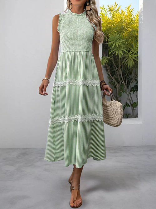 Smocked Striped Lace Trim Sleeveless Midi Dress